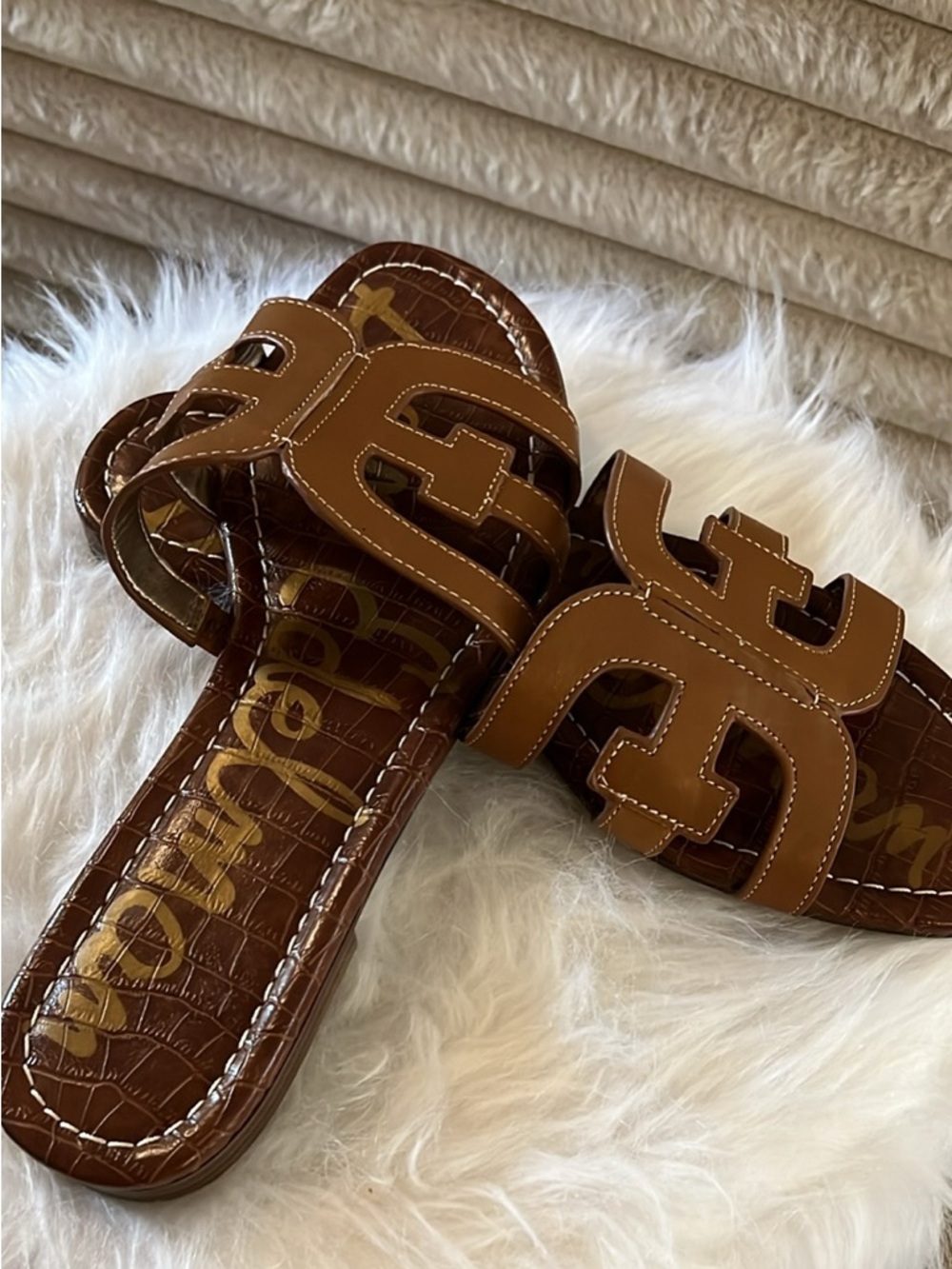 Sam Edelman Brown Croc-Effect Slide Sandals